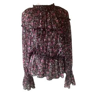 Whimisgoth Women Floral Smocked Mock Neck Ruffle Blouse M Pink Black Victorian